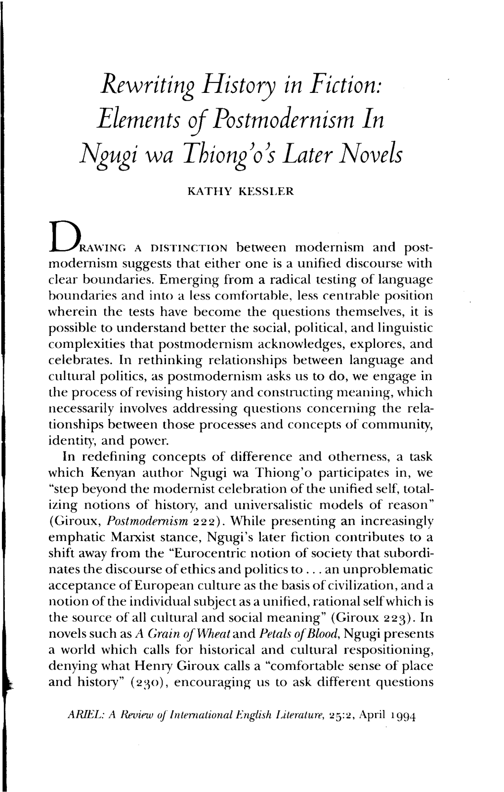 Rewriting History in Fiction: Elements of Postmodernism in Ngugi Wa