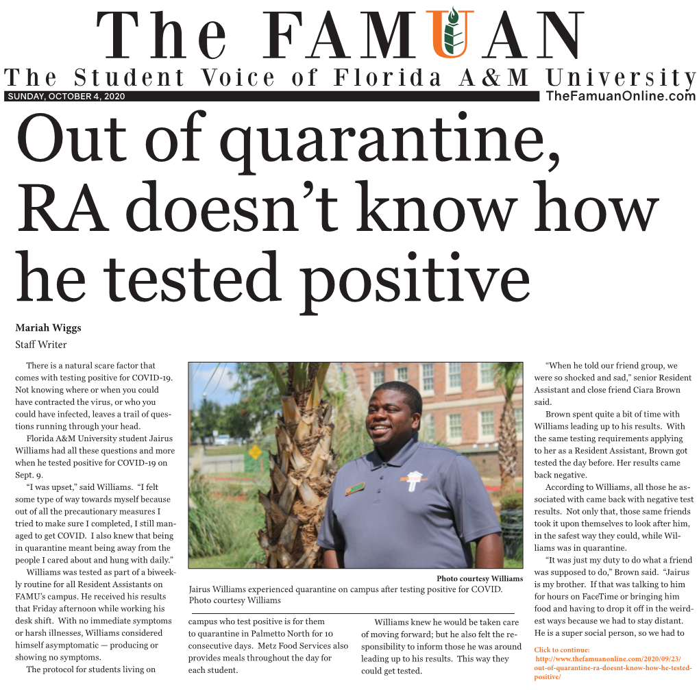 Thefamuanonline.Com out of Quarantine, RA Doesn’T Know How He Tested Positive Mariah Wiggs Staff Writer