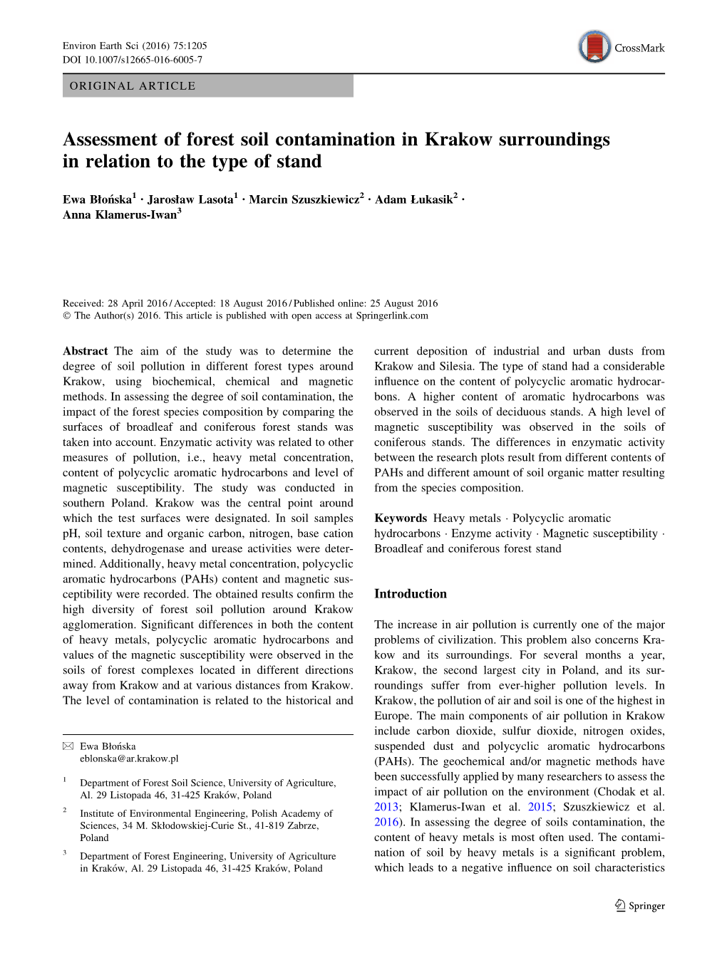 Assessment of Forest Soil Contamination in Krakow Surroundings in Relation to the Type of Stand