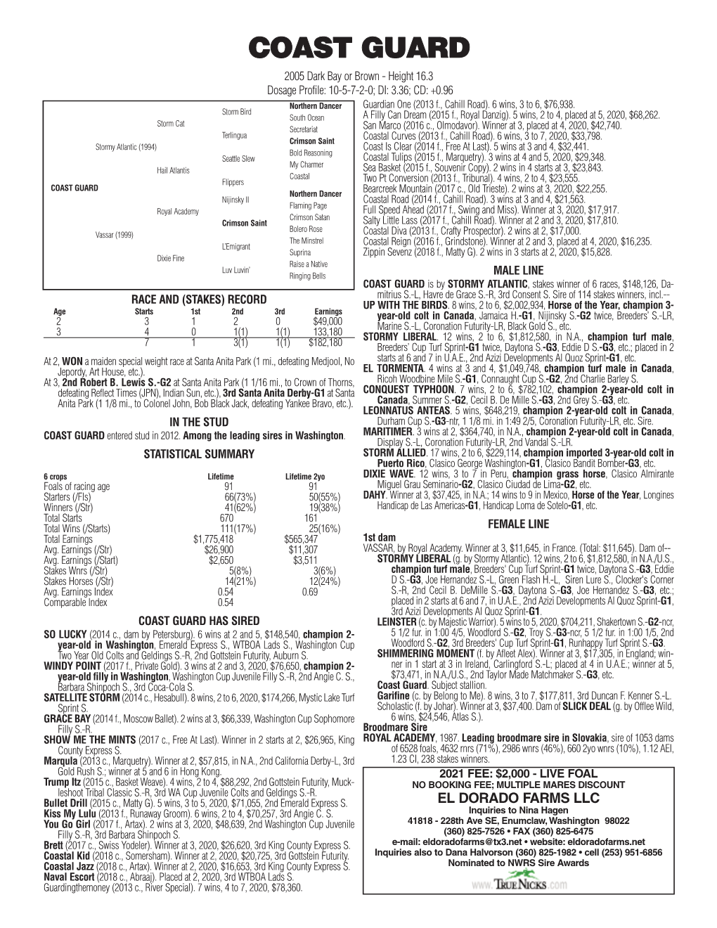 COAST GUARD 2005 Dark Bay Or Brown - Height 16.3 Dosage Profile: 10-5-7-2-0; DI: 3.36; CD: +0.96 Northern Dancer Guardian One (2013 F., Cahill Road)