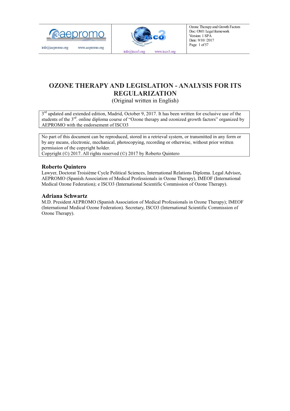 OZONE THERAPY and LEGISLATION - ANALYSIS for ITS REGULARIZATION (Original Written in English)