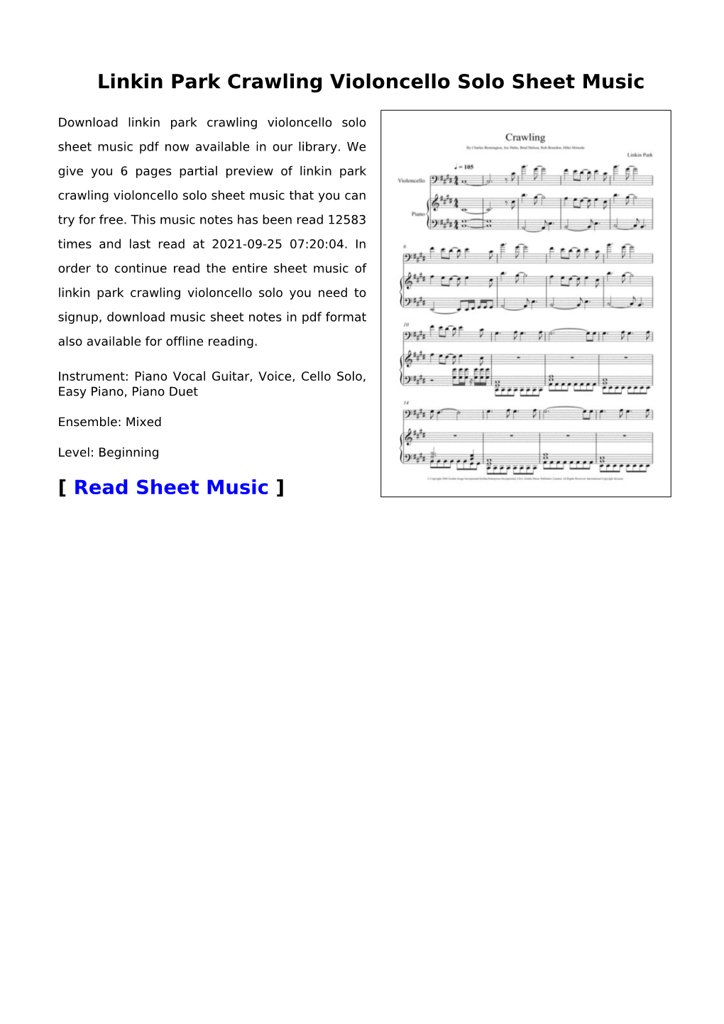 Linkin Park Crawling Violoncello Solo Sheet Music