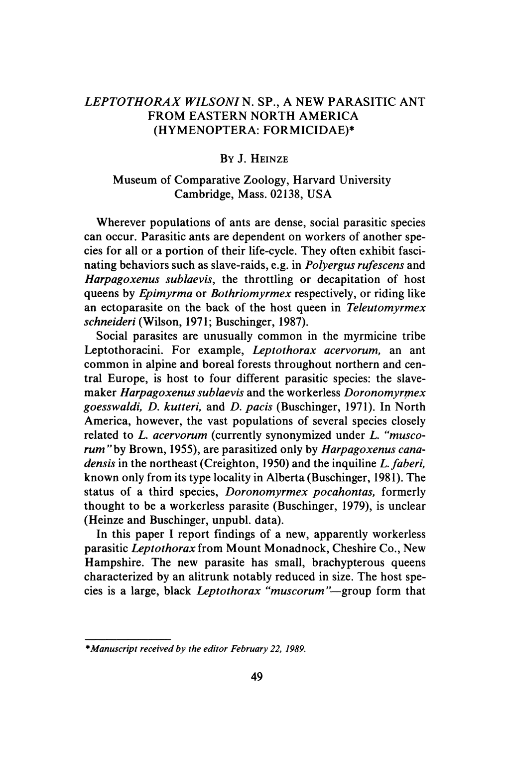 Leptothorax Wilsoni N. Sp., a New Parasitic Ant from Eastern North America (Hymenoptera: Formicidae)* by J