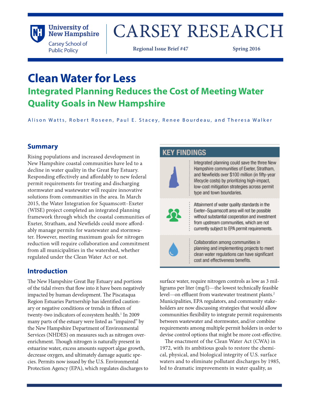 Clean Water for Less Integrated Planning Reduces the Cost of Meeting Water Quality Goals in New Hampshire