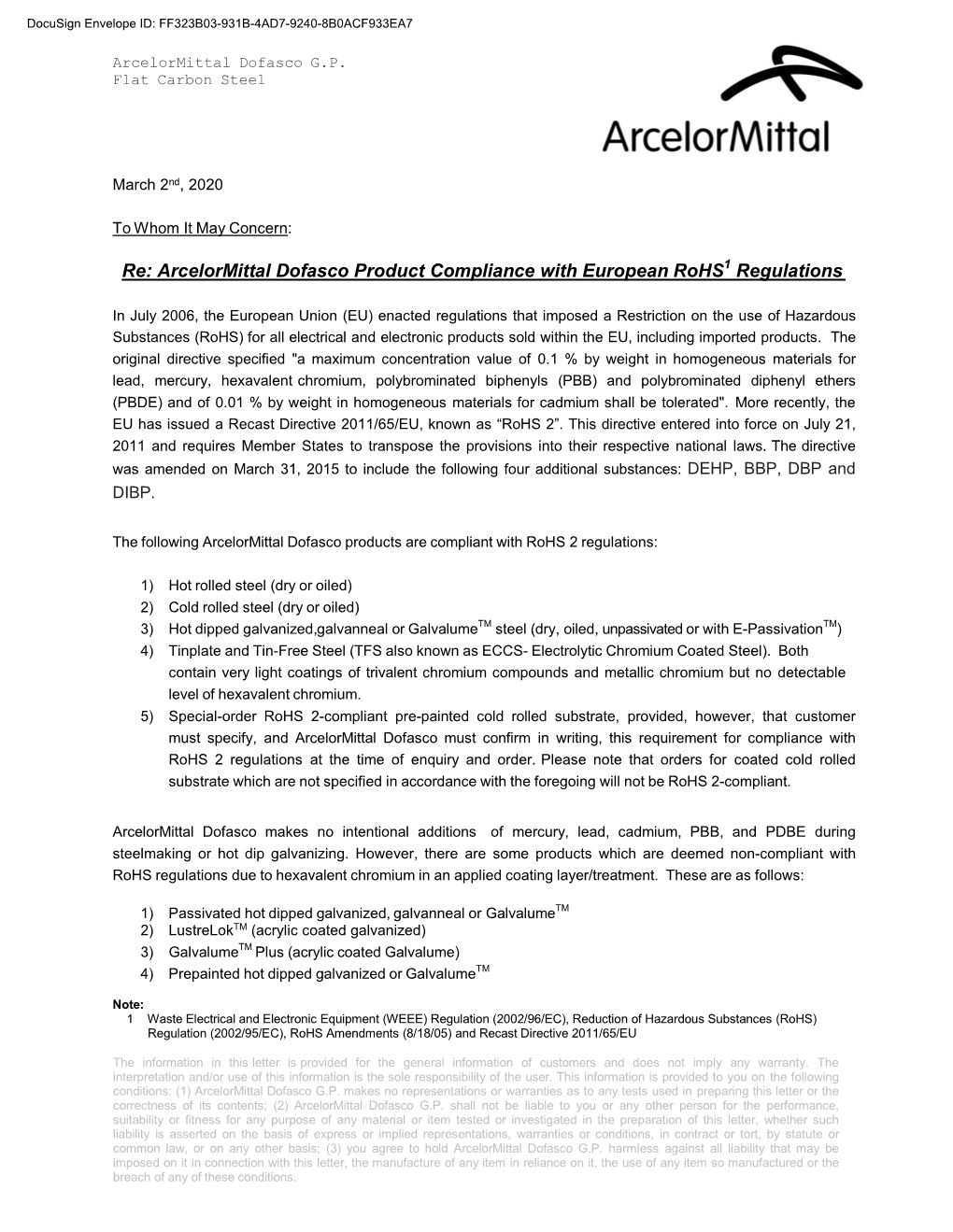 Re: Arcelormittal Dofasco Product Compliance with European Rohs1 Regulations