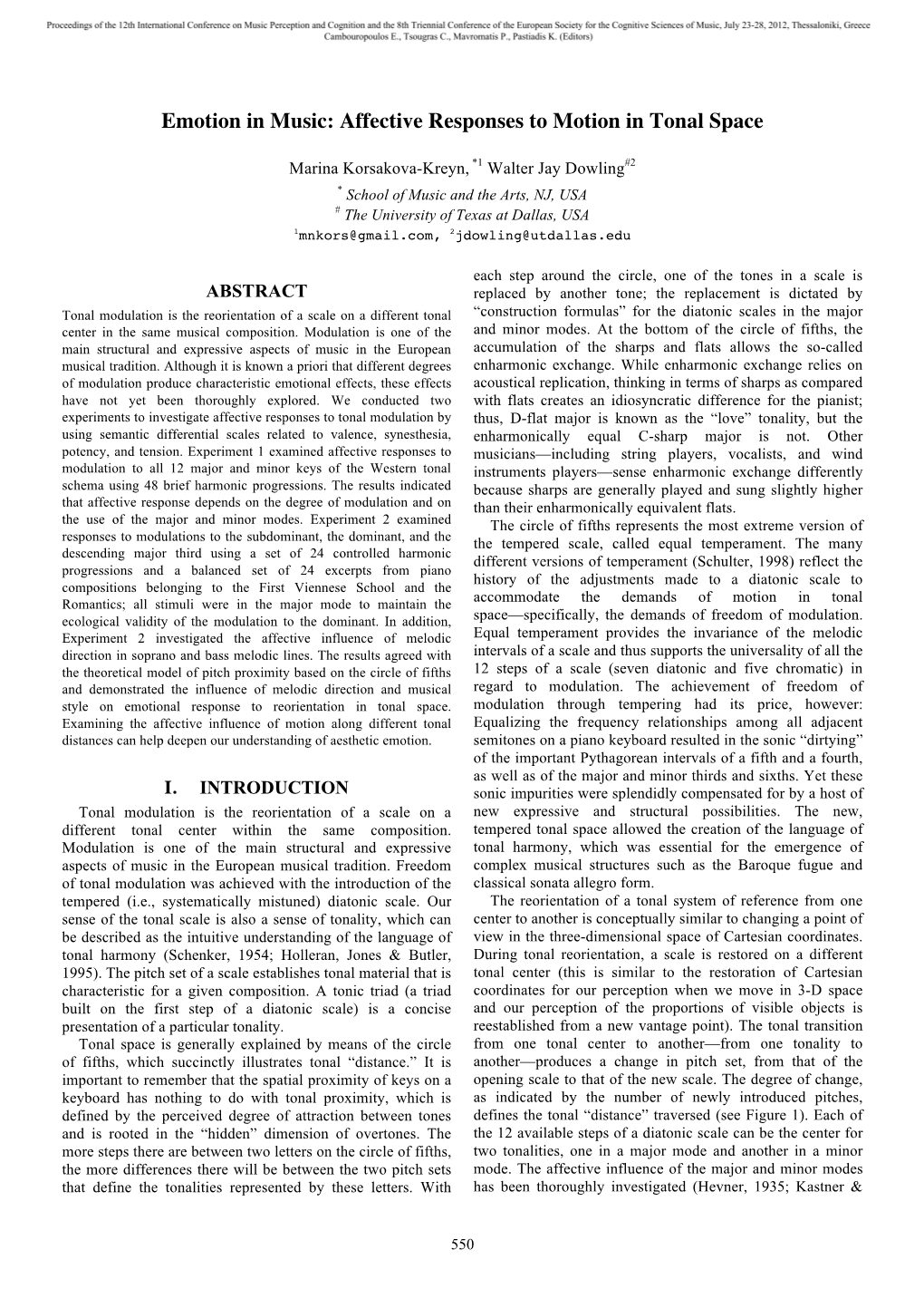 Affective Responses to Motion in Tonal Space