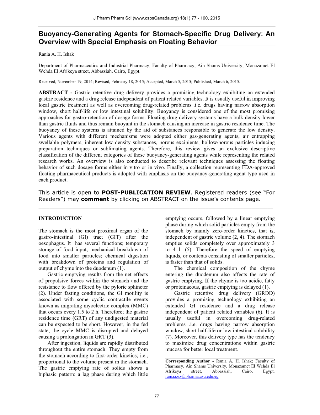 Buoyancy-Generating Agents for Stomach-Specific Drug Delivery: an Overview with Special Emphasis on Floating Behavior