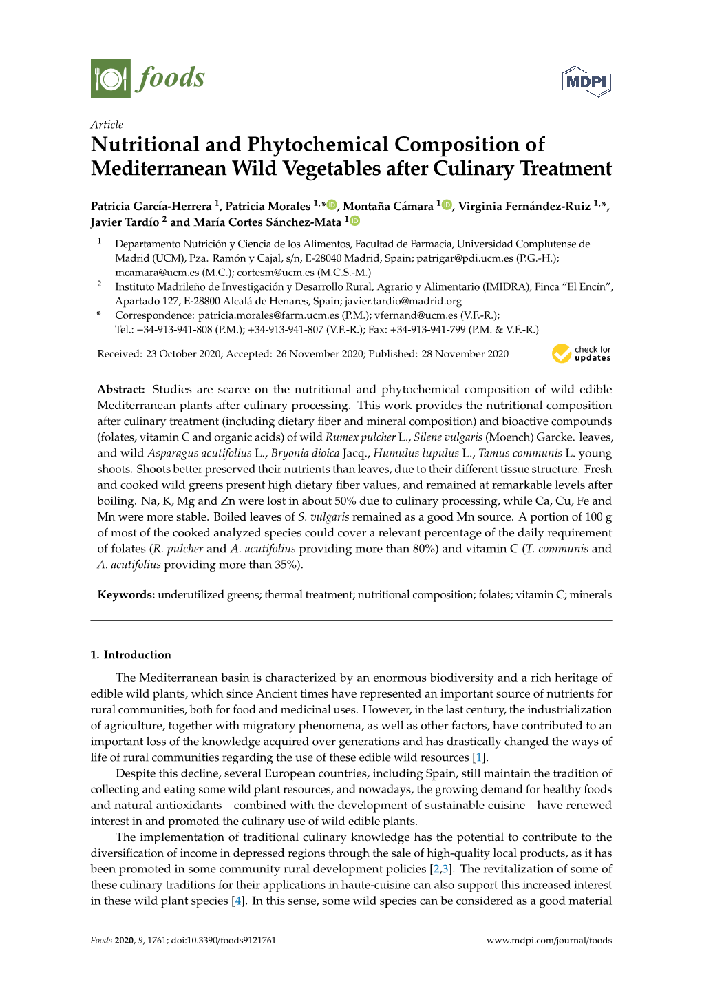 Nutritional and Phytochemical Composition of Mediterranean Wild Vegetables After Culinary Treatment