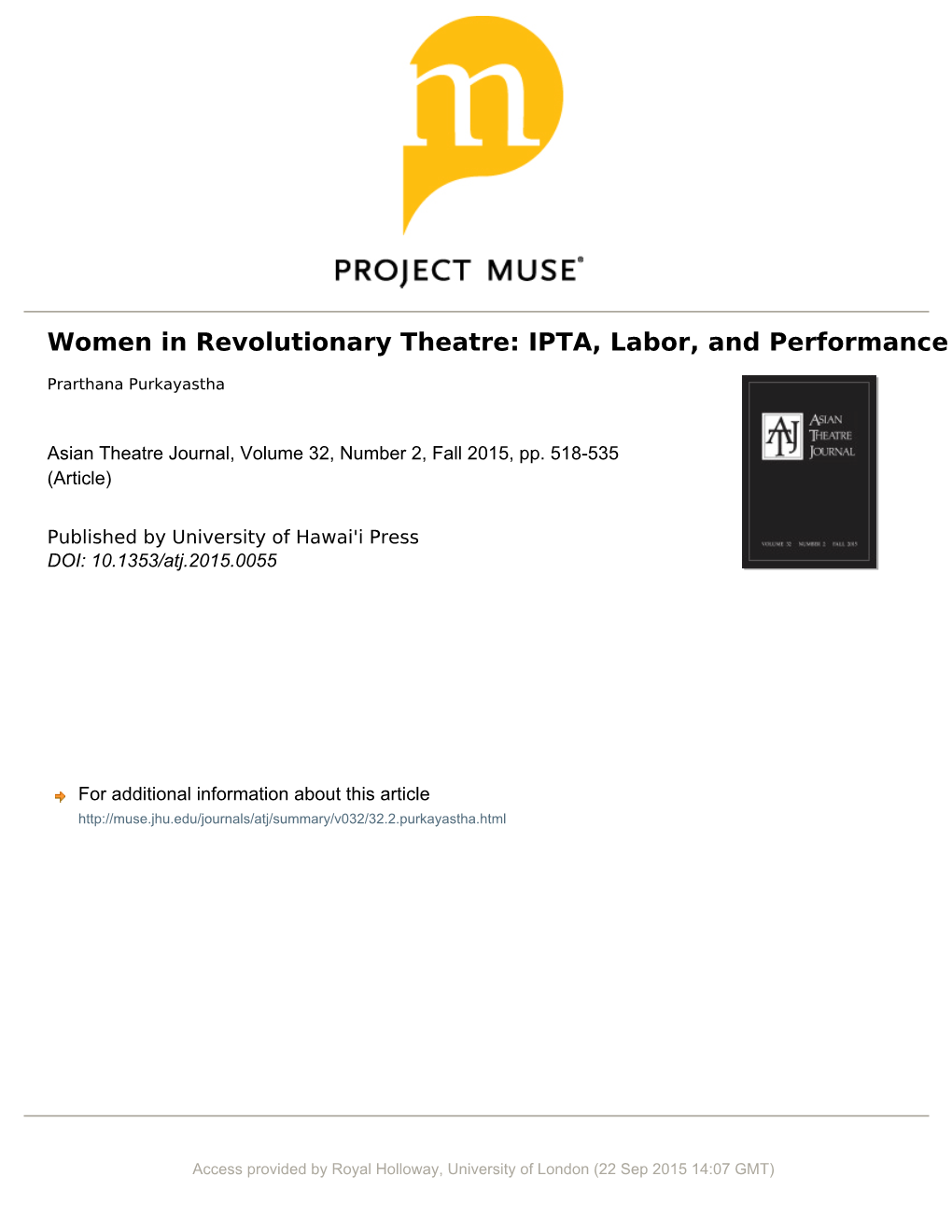 Women in Revolutionary Theatre: IPTA, Labor, and Performance Prarthana Purkayastha