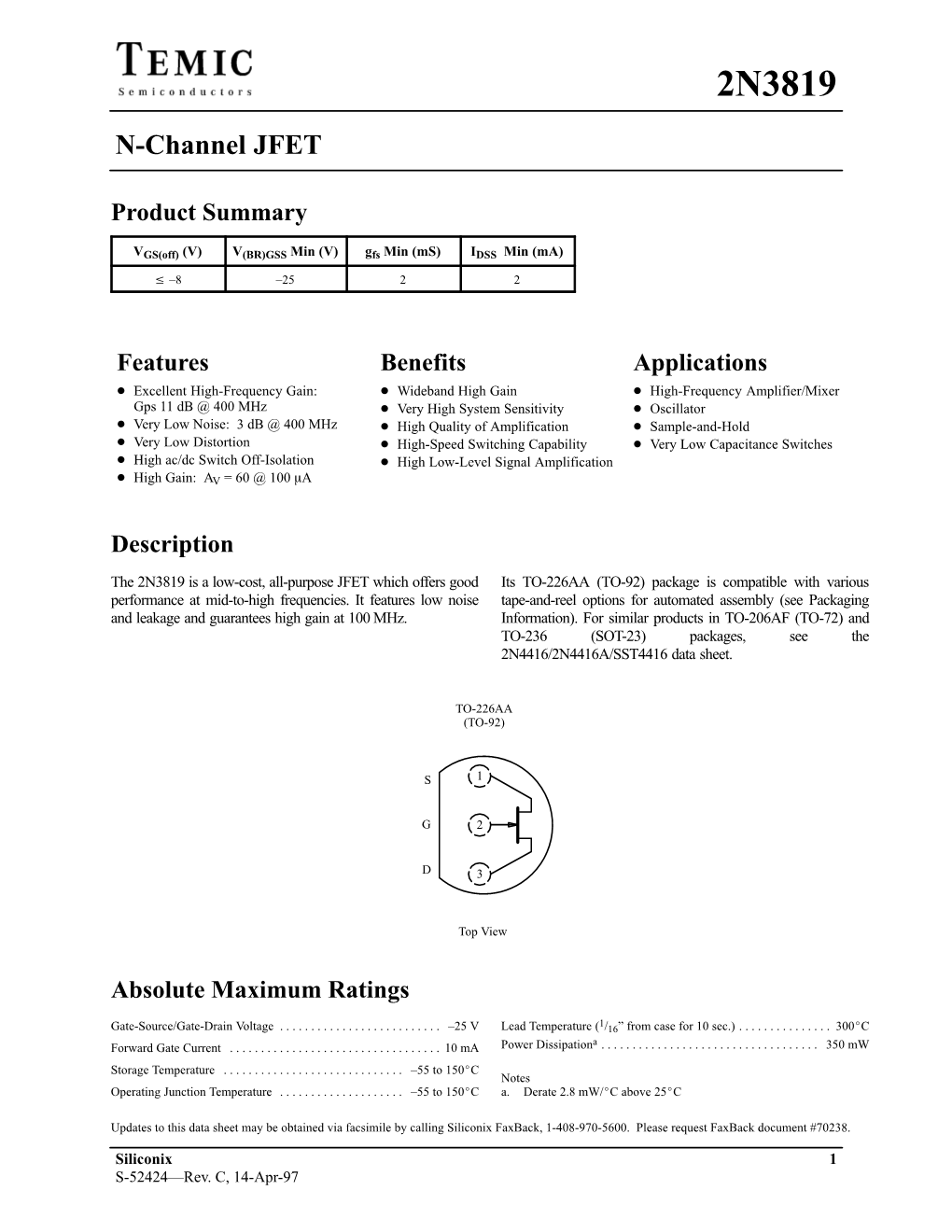 Data Sheet for the 2N3819 JFET