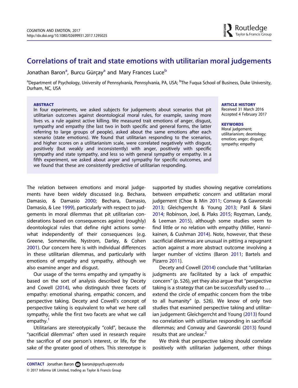 Correlations of Trait and State Emotions with Utilitarian Moral Judgements