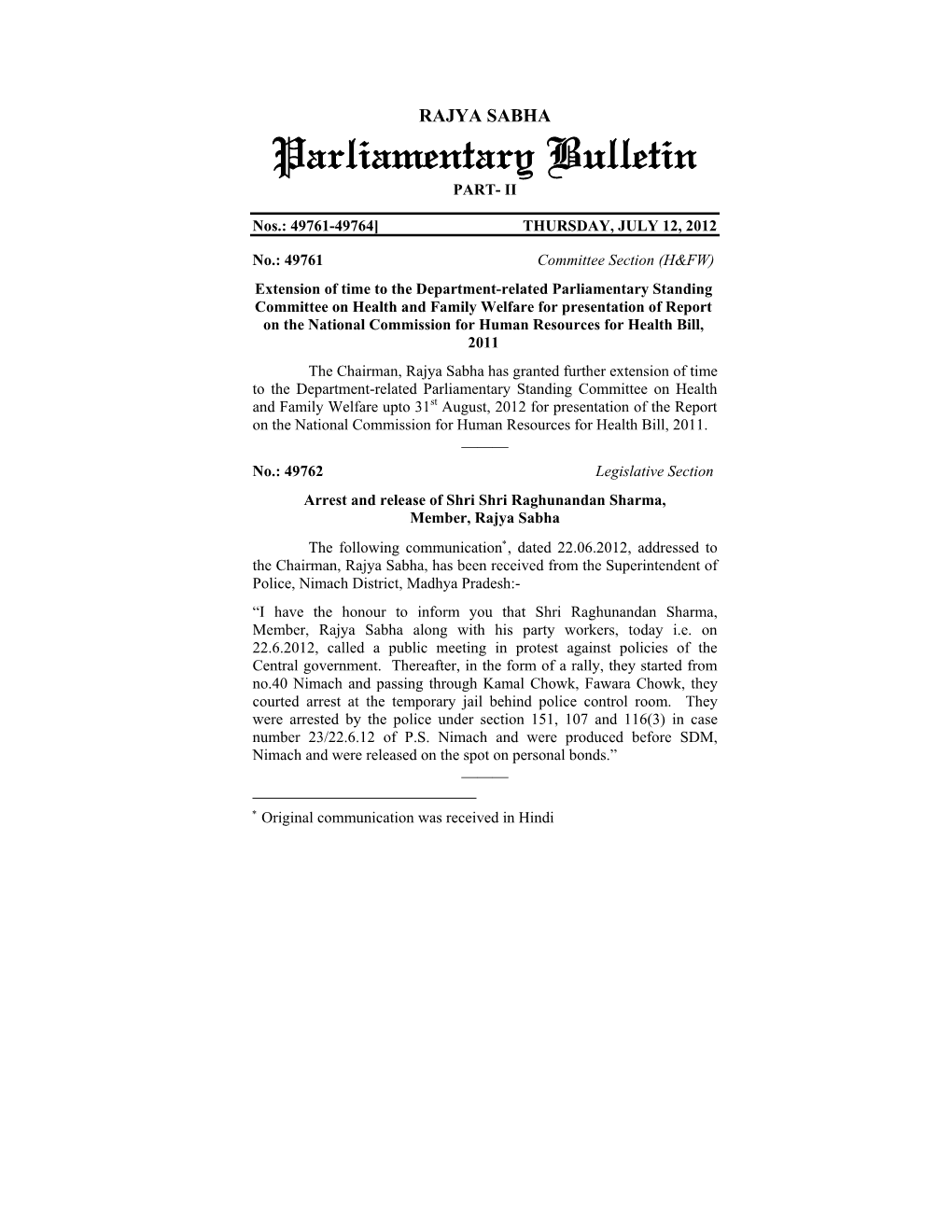 Parliamentary Bulletin PART- II