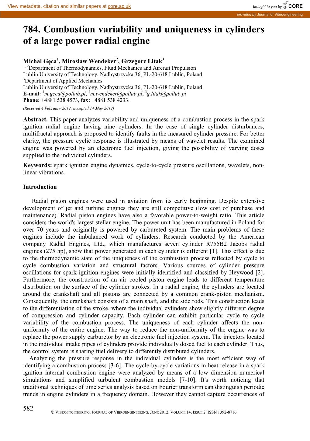 784. Combustion Variability and Uniqueness in Cylinders of a Large Power Radial Engine