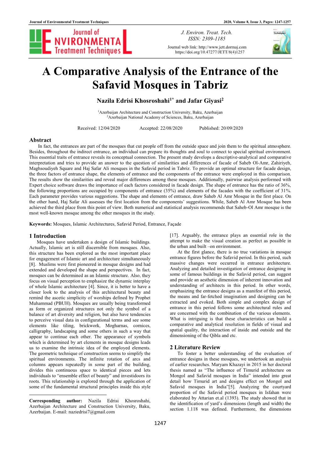 A Comparative Analysis of the Entrance of the Safavid Mosques in Tabriz