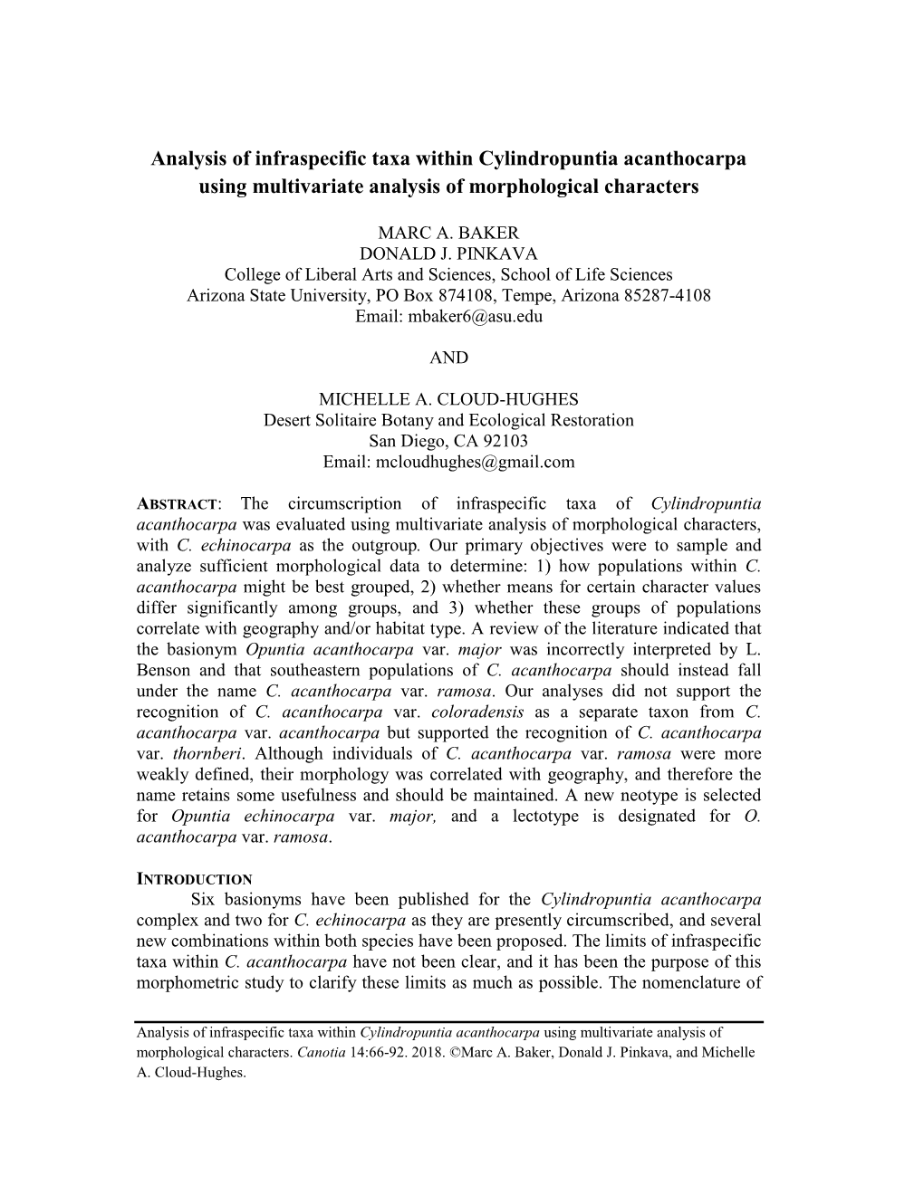 Analysis of Infraspecific Taxa Within Cylindropuntia Acanthocarpa Using Multivariate Analysis of Morphological Characters