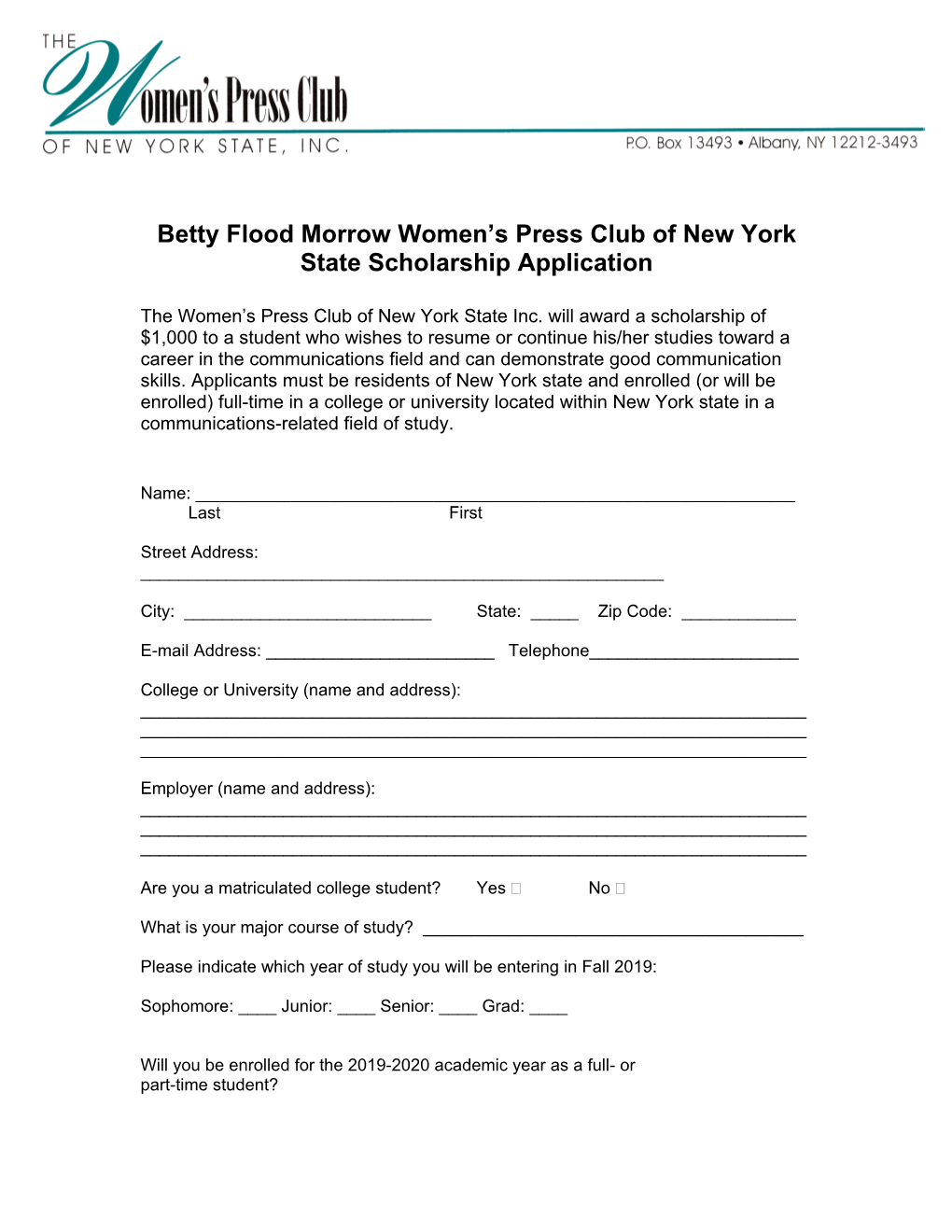 Betty Flood Morrow Women's Press Club of New York State Scholarship