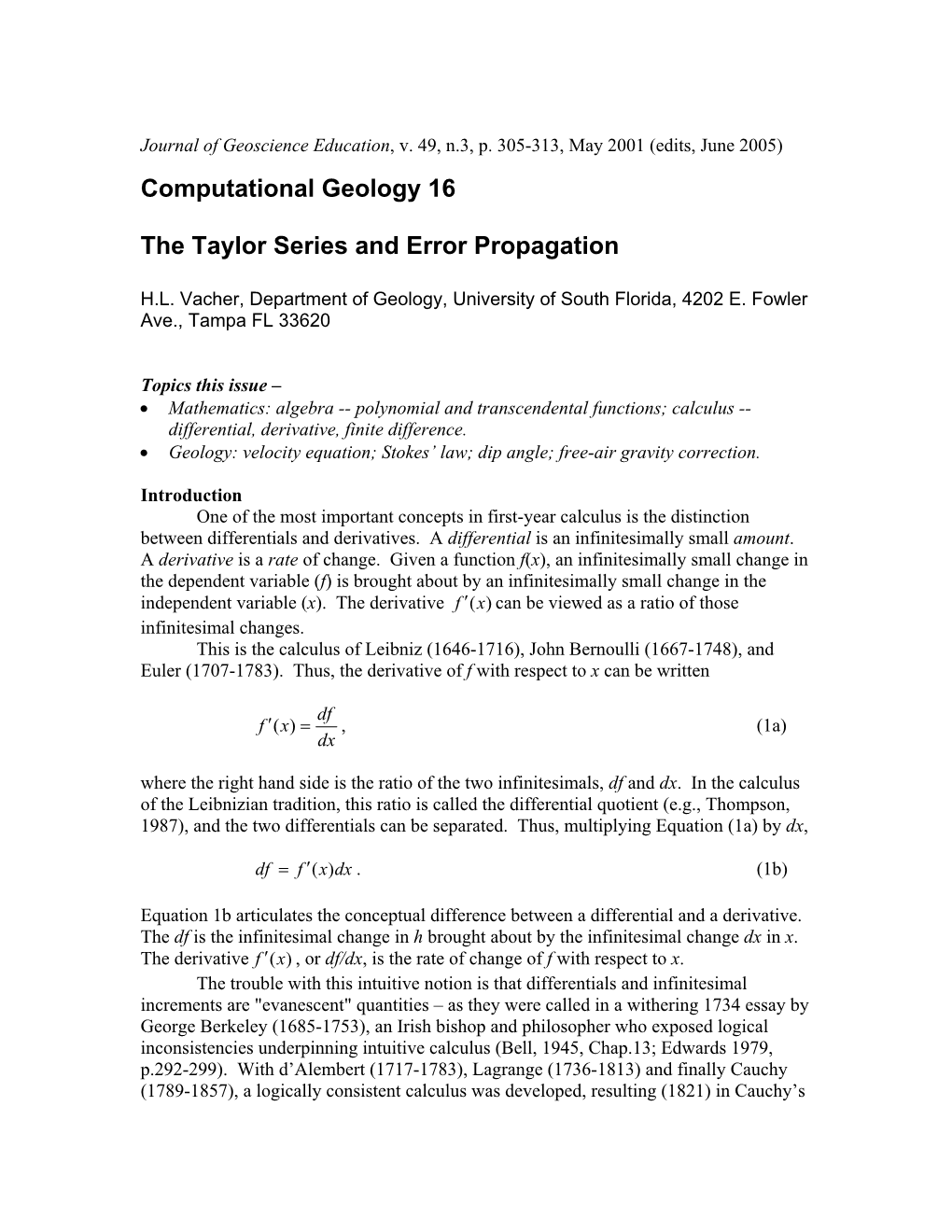 The Total Differential, Taylor's Series, and Error Propagation