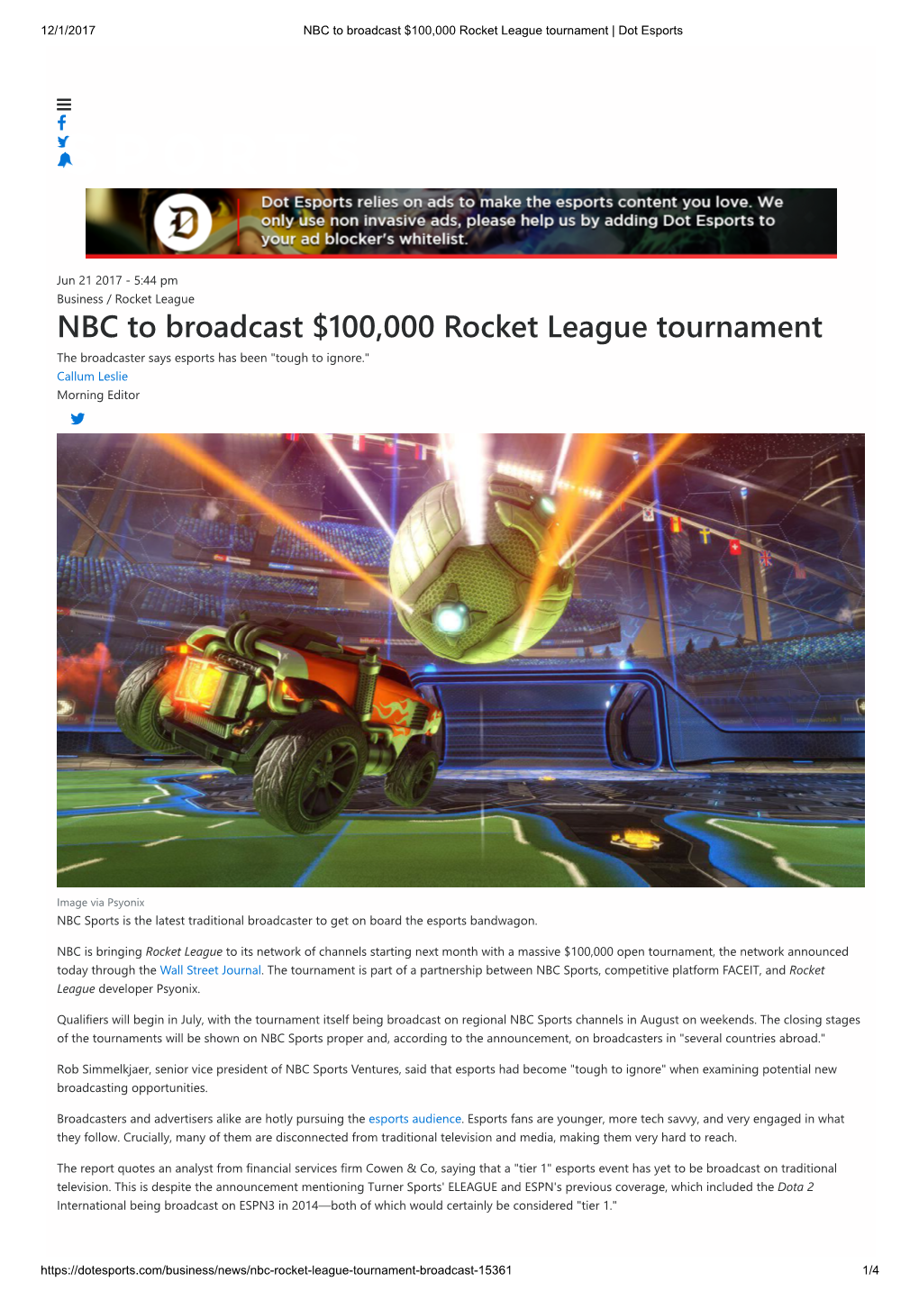 Dot Esports: NBC to Broadcast $100000 Rocket League Tournament