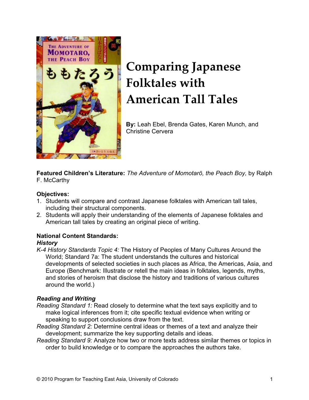 Lesson Title: Comparing Japanese Folktales with American Tall Tales