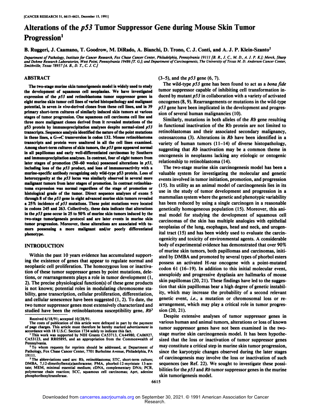 Alterations of the P53 Tumor Suppressor Gene During Mouse Skin Tumor Progression1