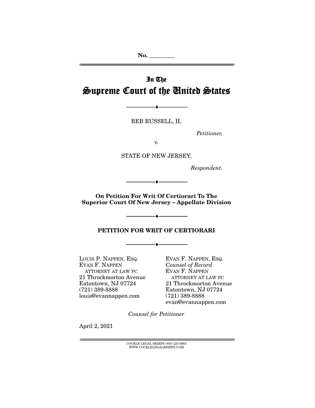 Petition for Writ of Certiorari to the Superior Court of New Jersey – Appellate Division