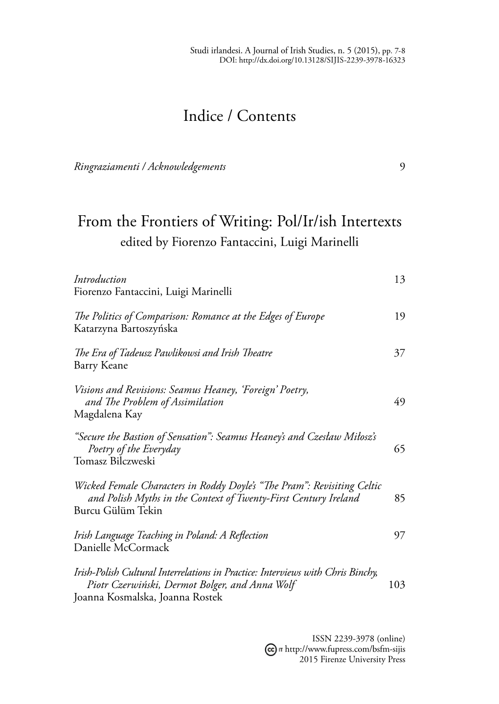 Contents from the Frontiers of Writing: Pol/Ir/Ish Intertexts