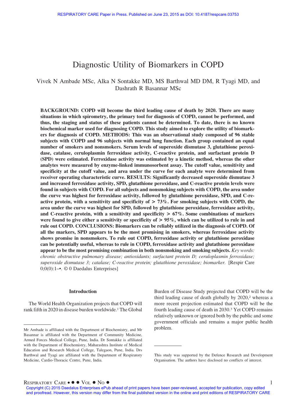 Diagnostic Utility of Biomarkers in COPD