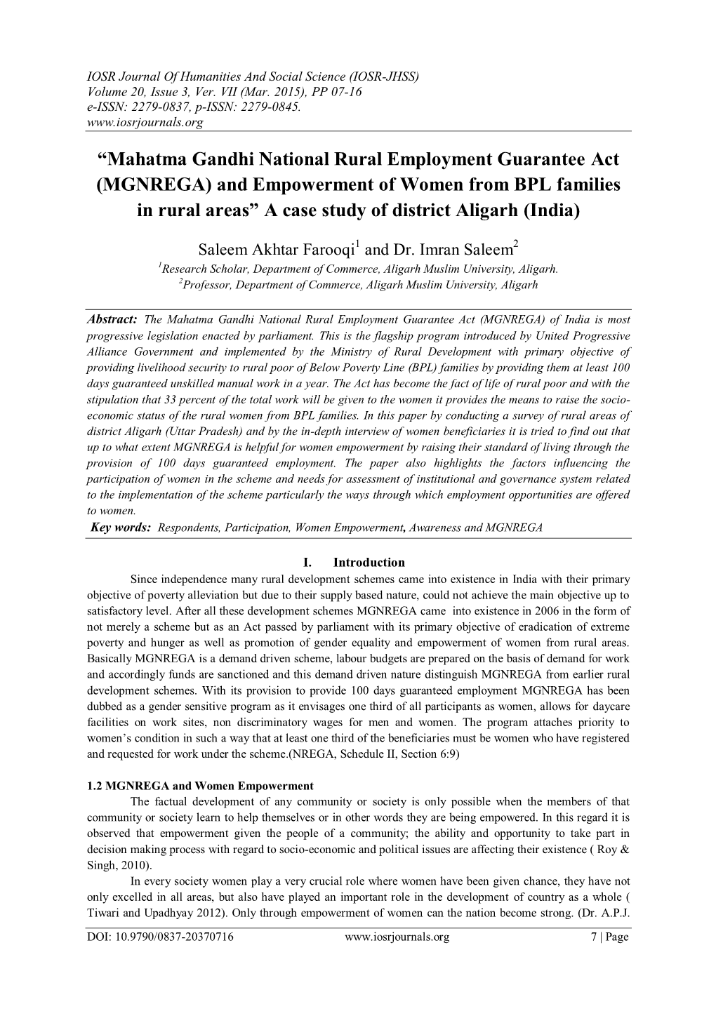 Mahatma Gandhi National Rural Employment Guarantee Act (MGNREGA) and Empowerment of Women from BPL Families in Rural Areas” a Case Study of District Aligarh (India)