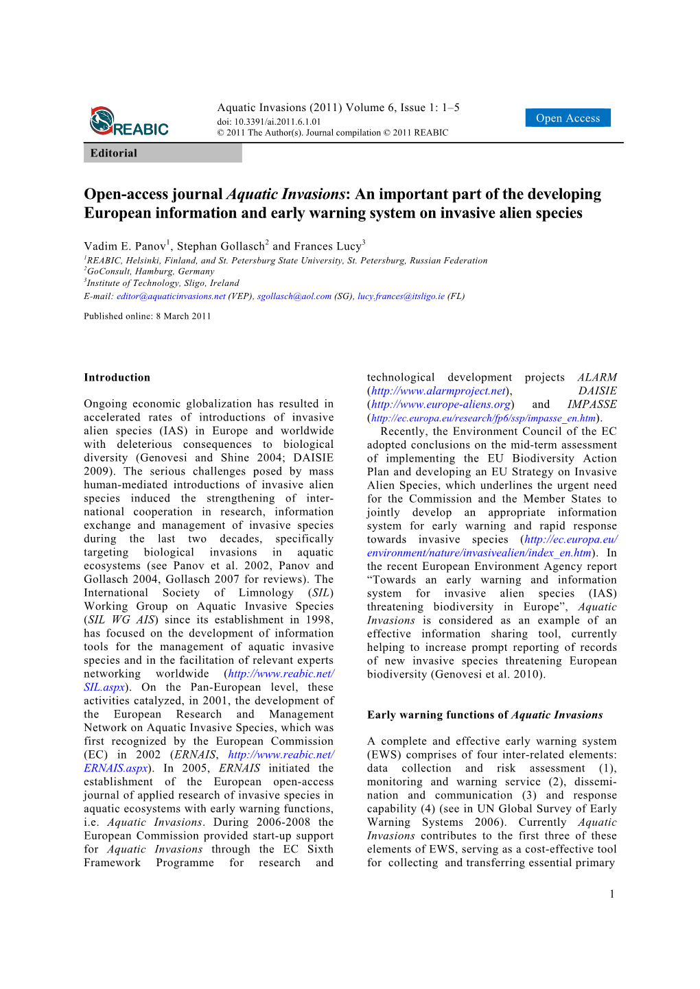 Open-Access Journal Aquatic Invasions: an Important Part of the Developing European Information and Early Warning System on Invasive Alien Species