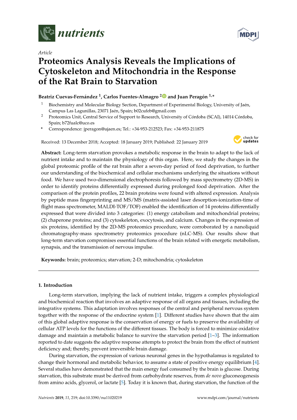 Proteomics Analysis Reveals the Implications of Cytoskeleton and Mitochondria in the Response of the Rat Brain to Starvation