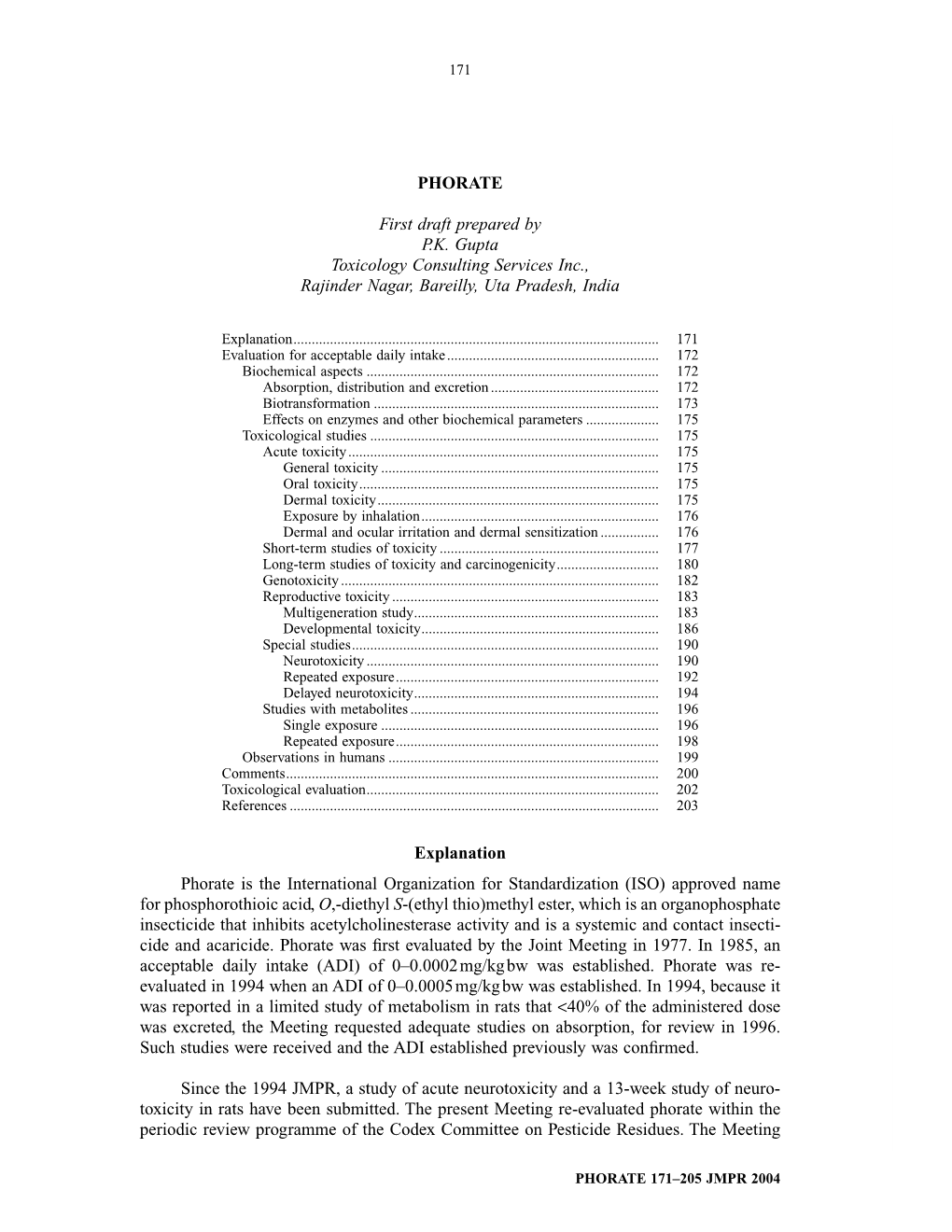 PHORATE First Draft Prepared by P.K. Gupta Toxicology Consulting