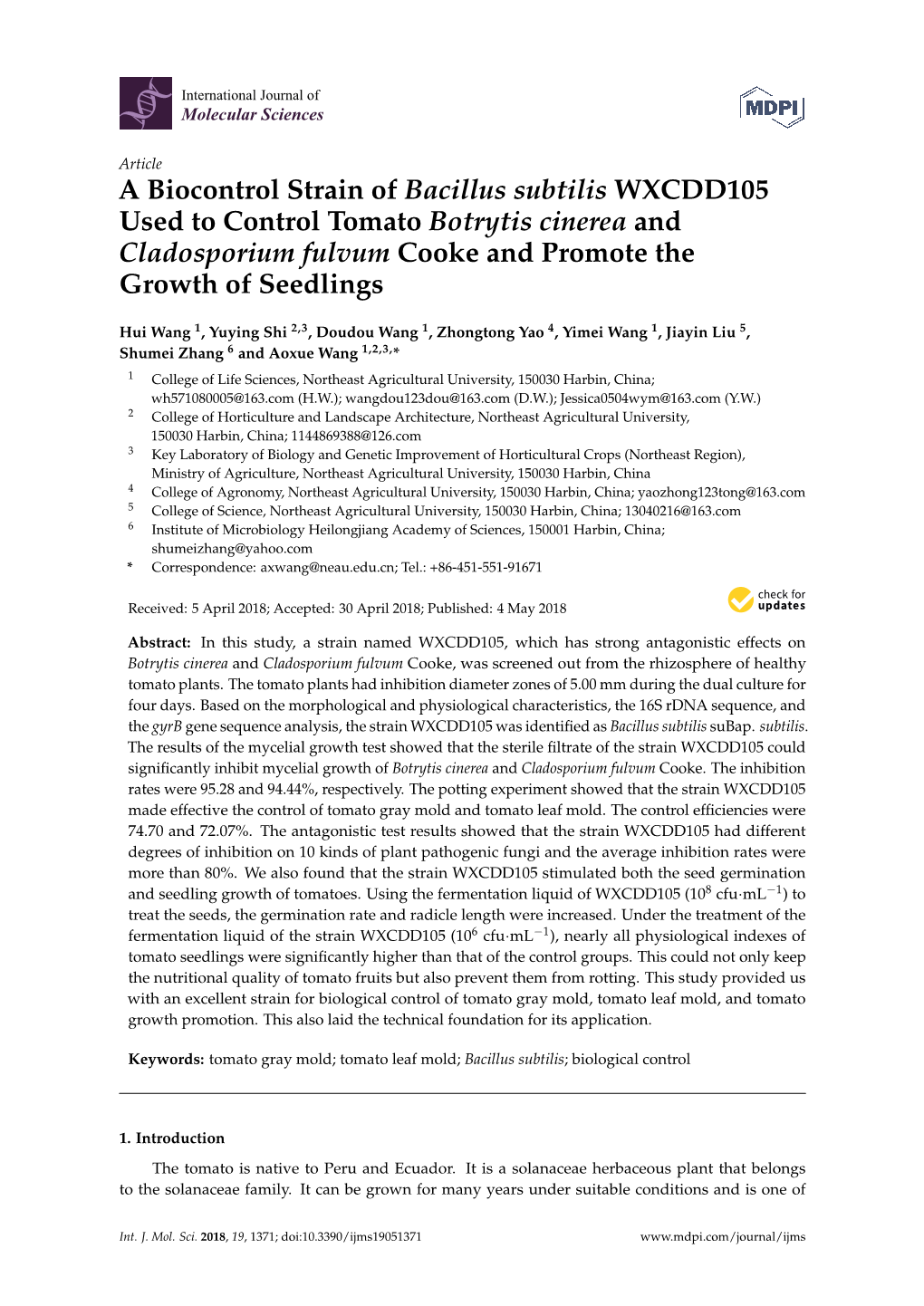 A Biocontrol Strain of Bacillus Subtilis WXCDD105 Used to Control Tomato Botrytis Cinerea and Cladosporium Fulvum Cooke and Promote the Growth of Seedlings