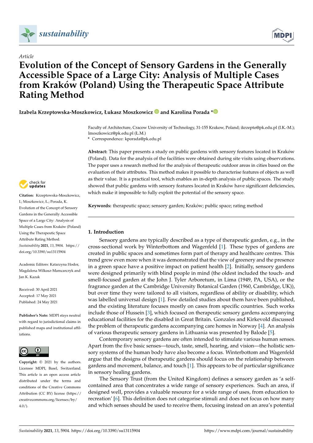 Evolution of the Concept of Sensory Gardens in the Generally