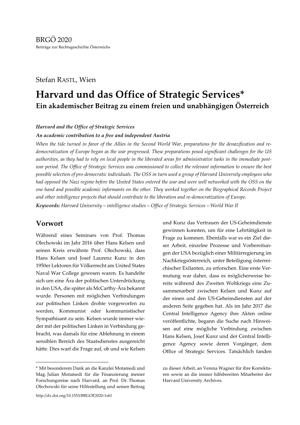 Harvard Und Das Office of Strategic Services* Ein Akademischer Beitrag Zu Einem Freien Und Unabhängigen Österreich