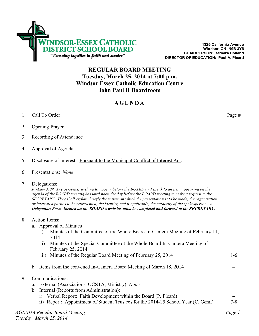 REGULAR BOARD MEETING Tuesday, March 25, 2014 at 7:00 P.M