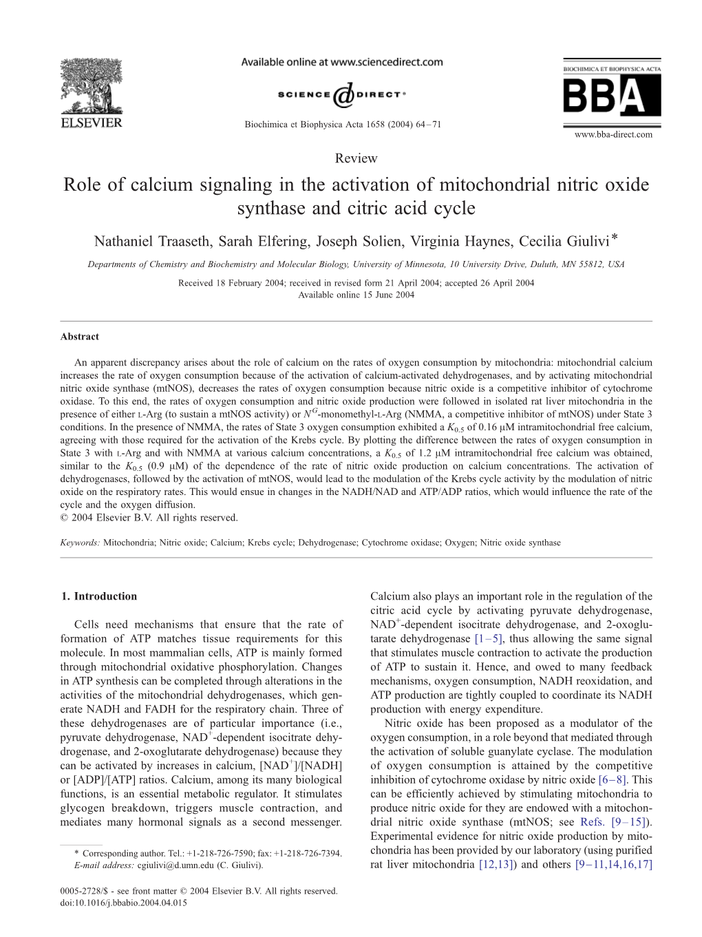 Role of Calcium Signaling in the Activation of Mitochondrial Nitric Oxide Synthase and Citric Acid Cycle