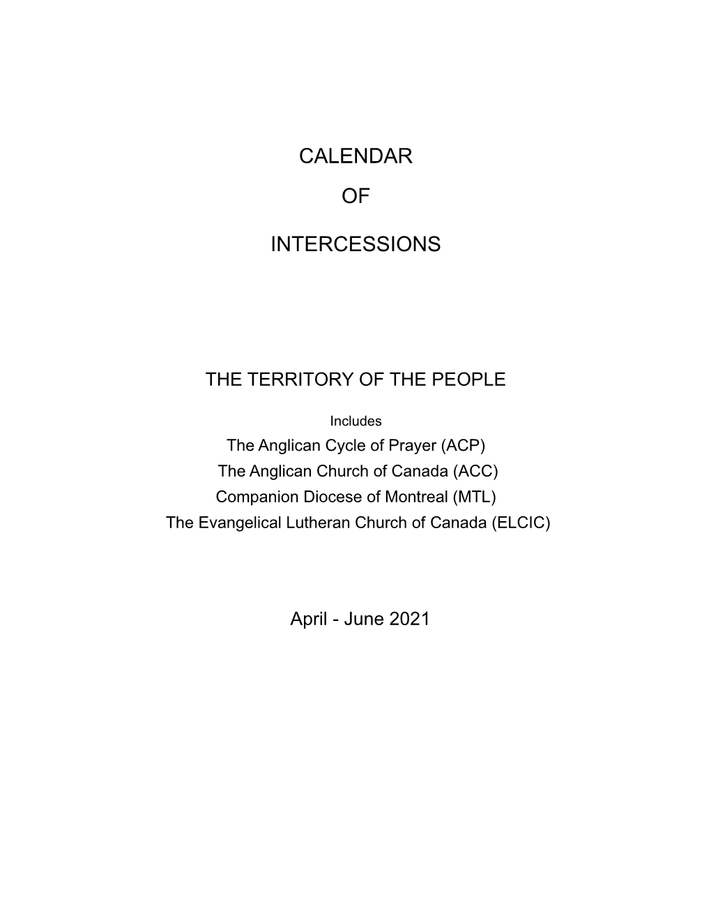 Calendar of Intercessions