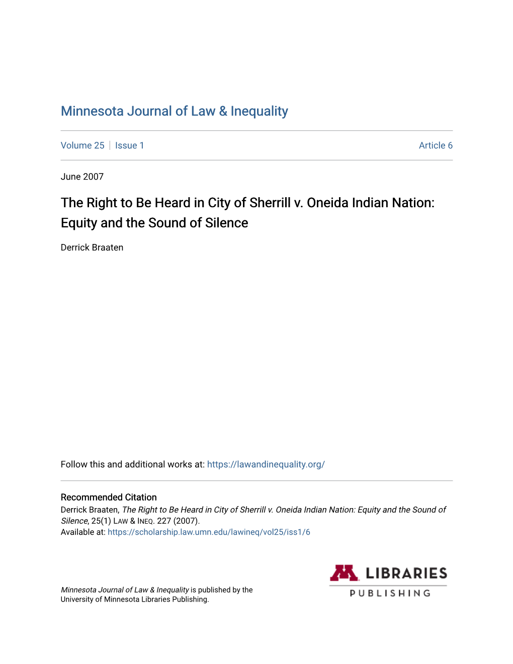 The Right to Be Heard in City of Sherrill V. Oneida Indian Nation: Equity and the Sound of Silence