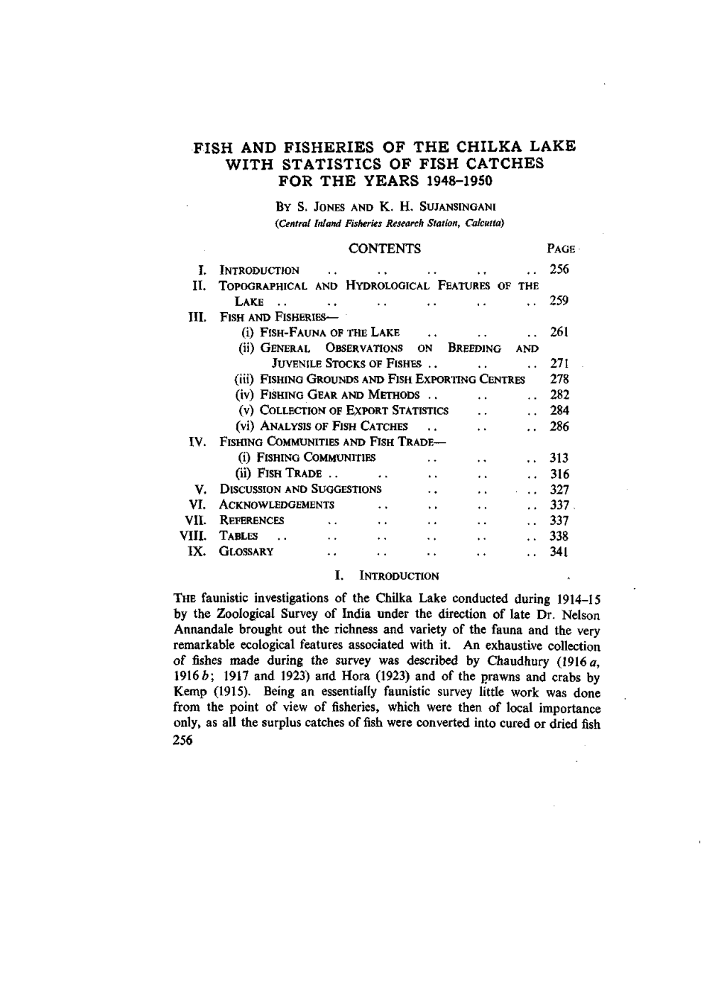 Fish and Fisheries of the Chilka Lake with Statistics of Fish Catches for the Years 1948-1950