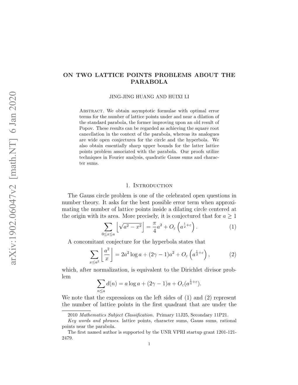 Arxiv:1902.06047V2 [Math.NT] 6 Jan 2020 Onsna H Parabola