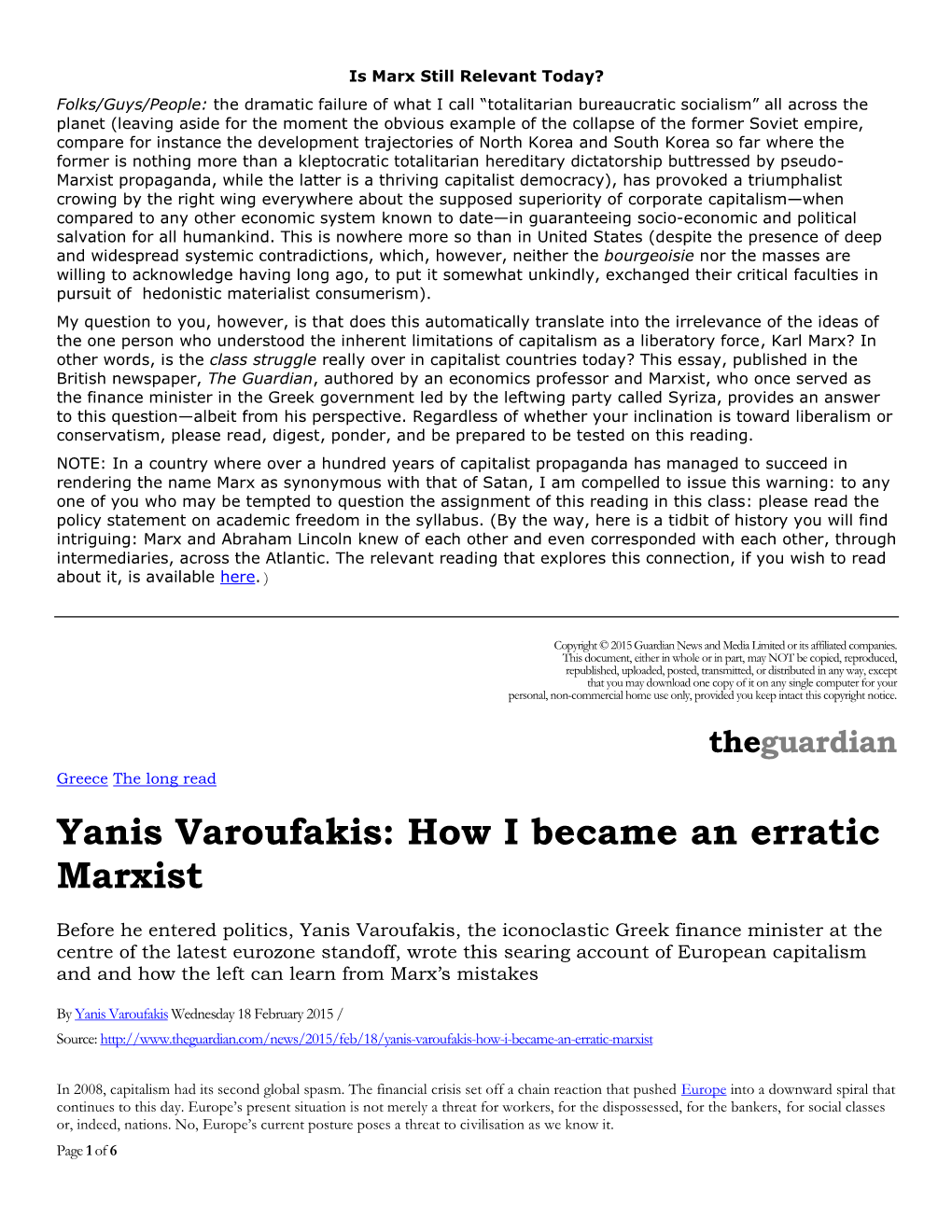 Yanis Varoufakis: How I Became an Erratic Marxist