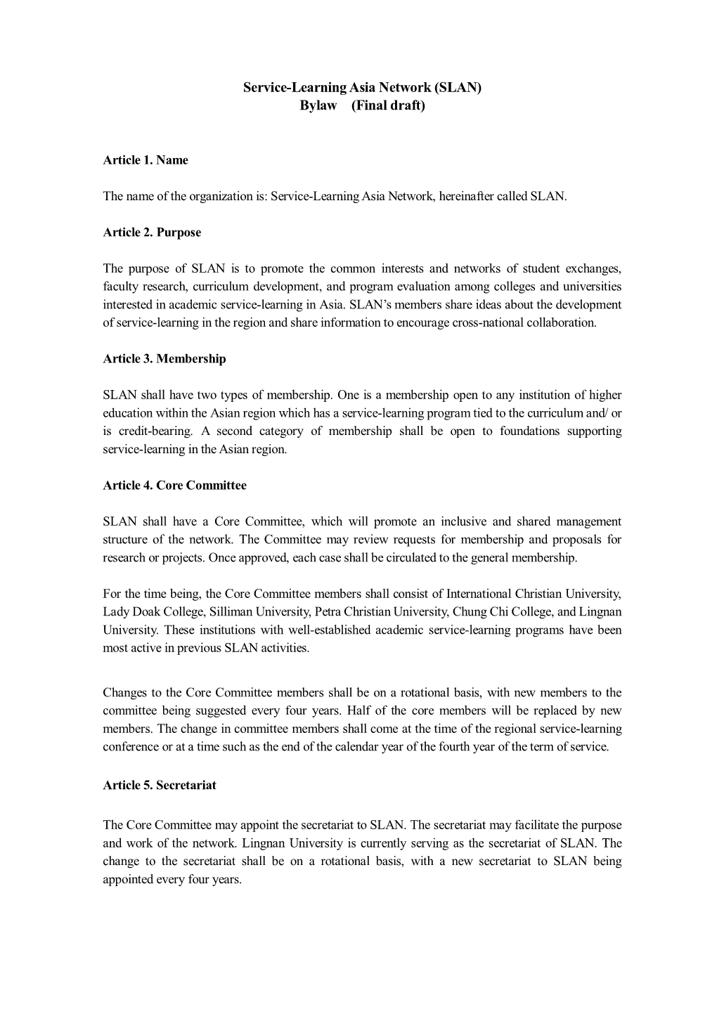 Service-Learning Asia Network (SLAN) Bylaw (Final Draft)