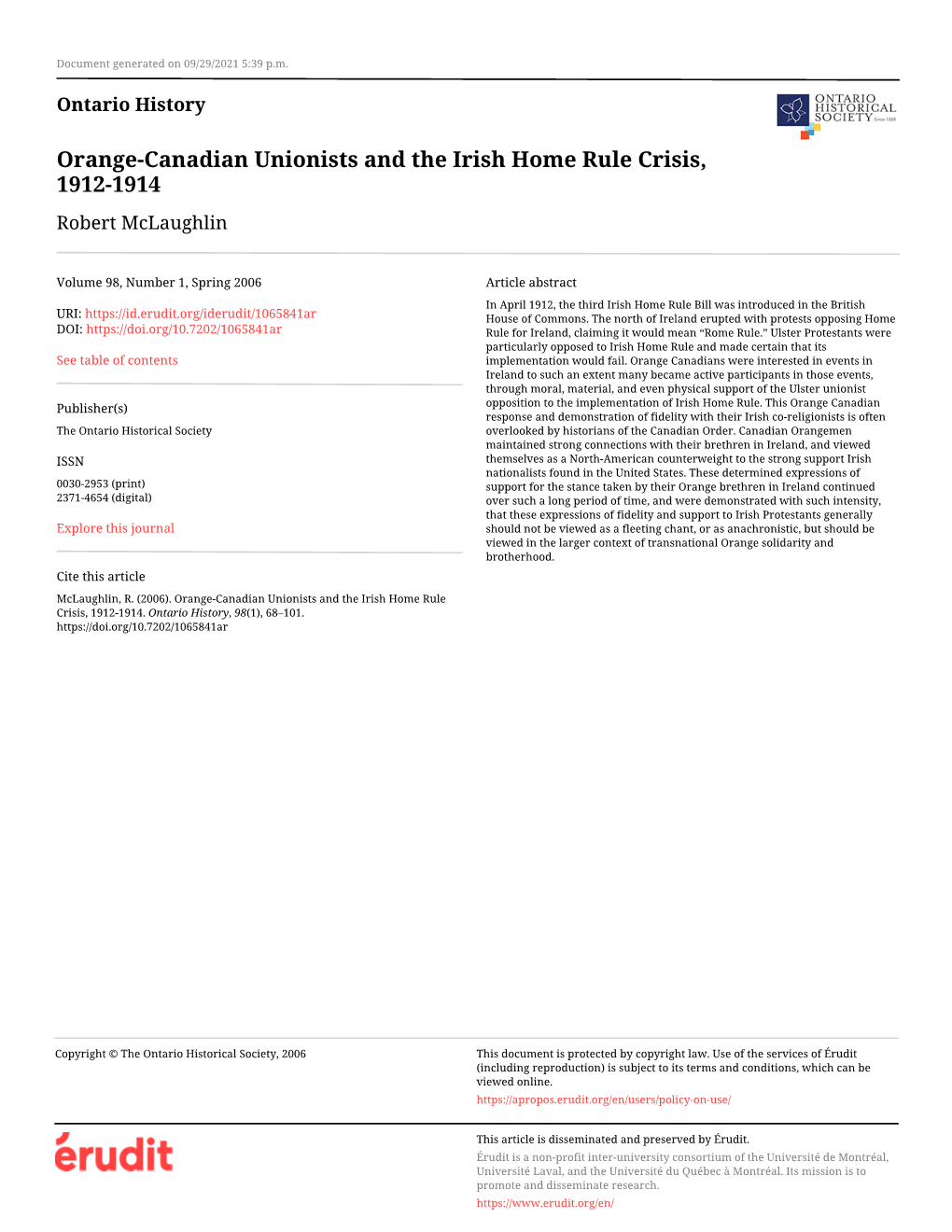 Orange-Canadian Unionists and the Irish Home Rule Crisis, 1912-1914 Robert Mclaughlin