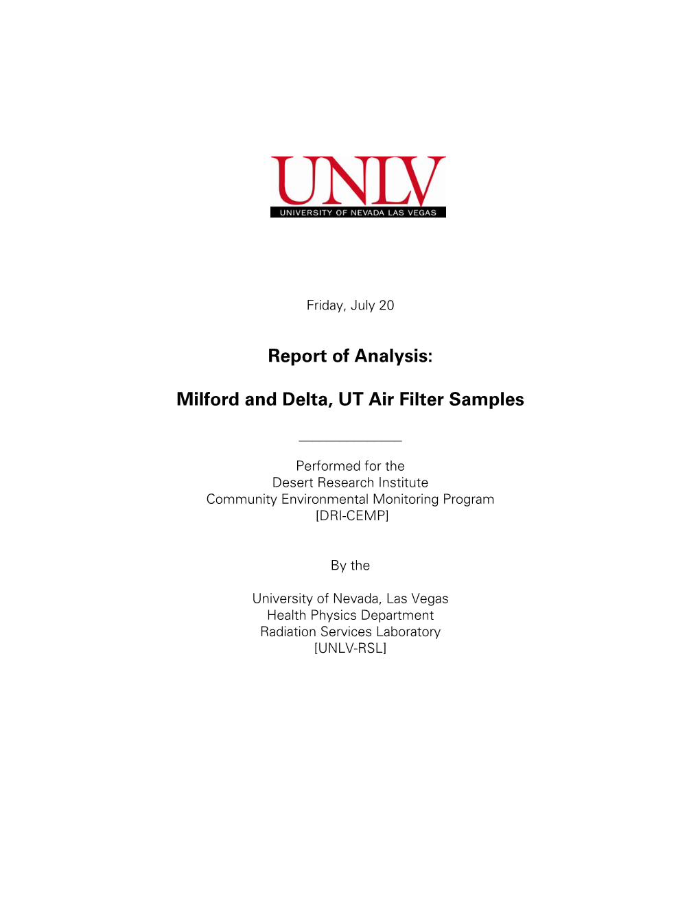 Report of Analysis: Milford and Delta, UT Air Filter Samples