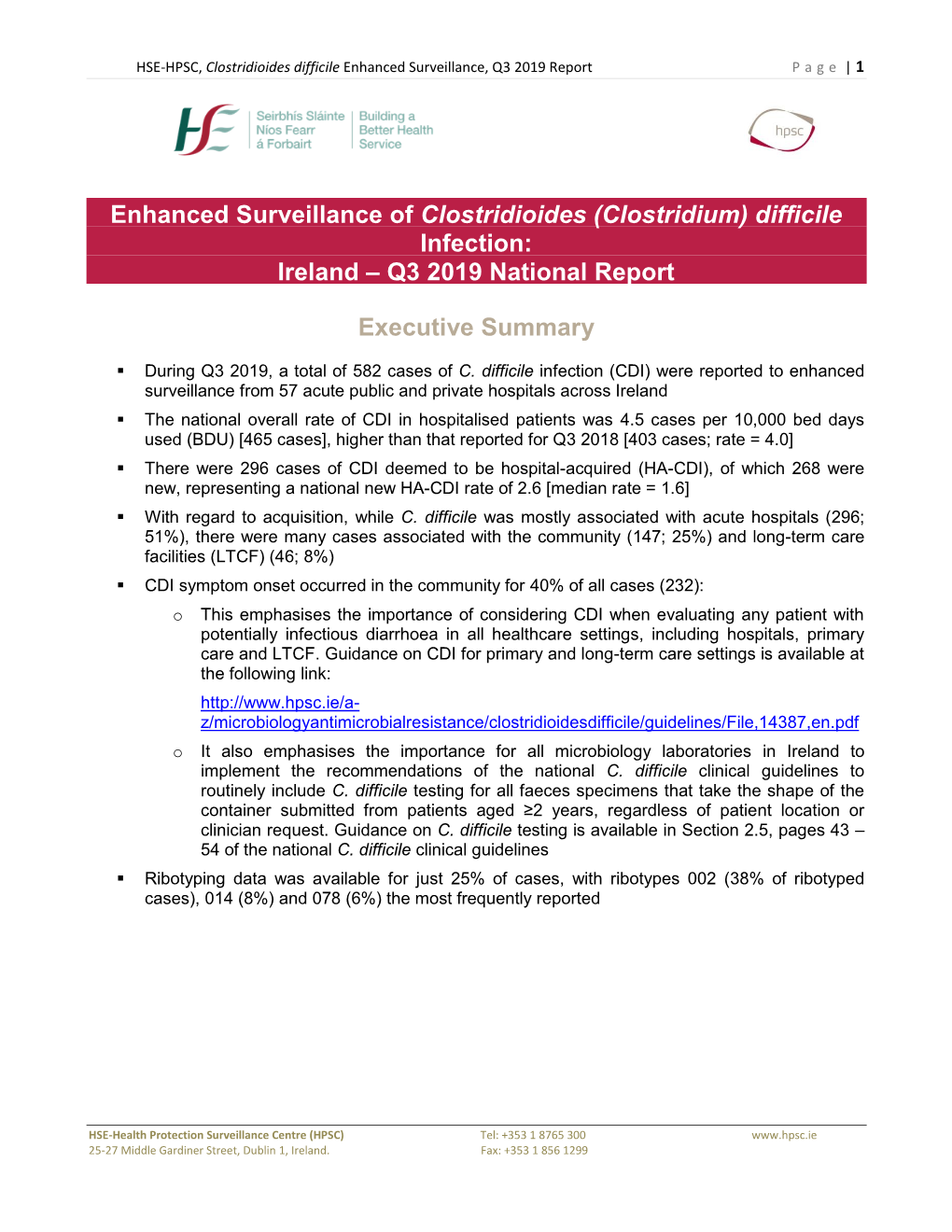 Difficile Infection: Ireland – Q3 2019 National Report