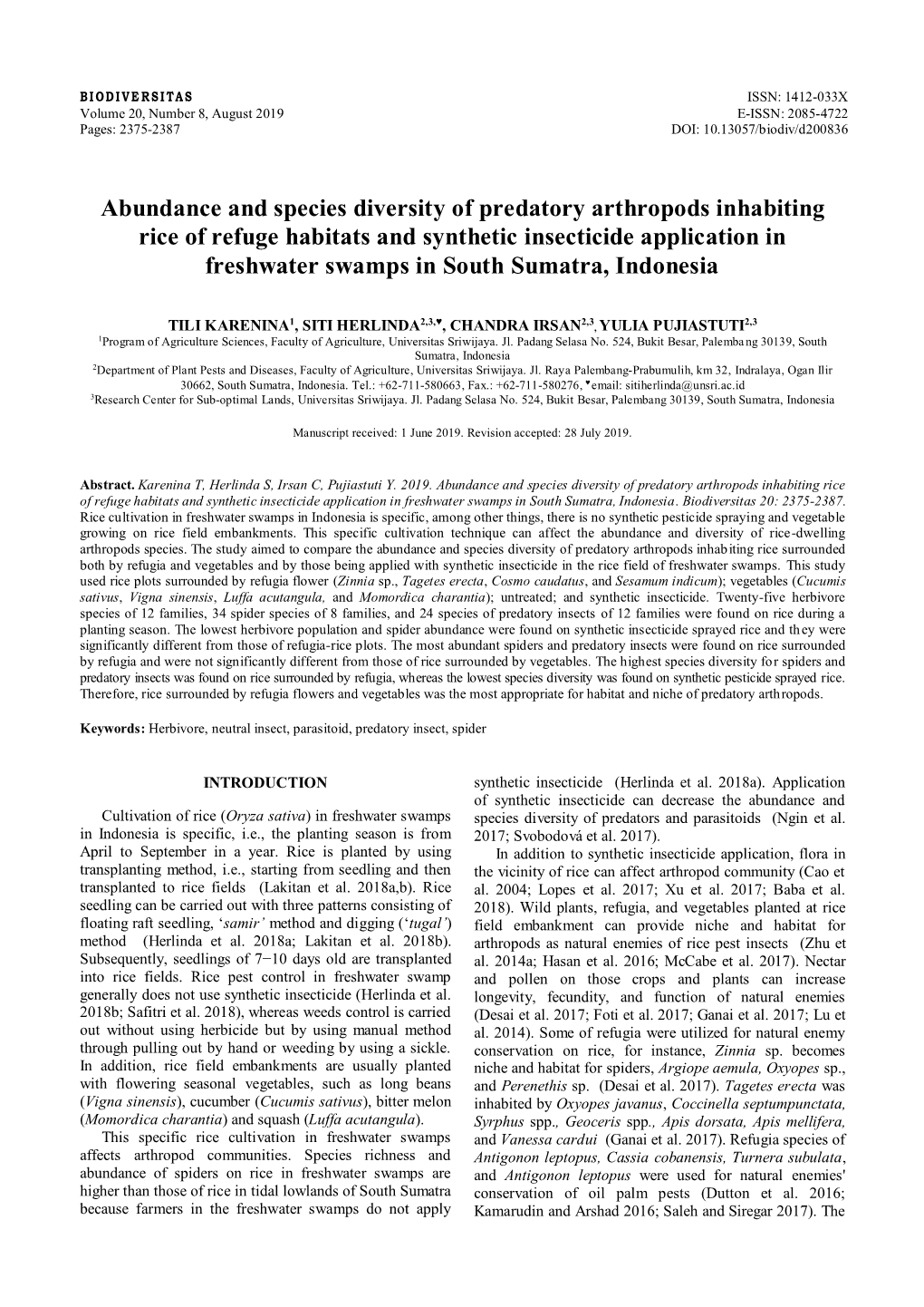 Abundance and Species Diversity of Predatory Arthropods Inhabiting Rice