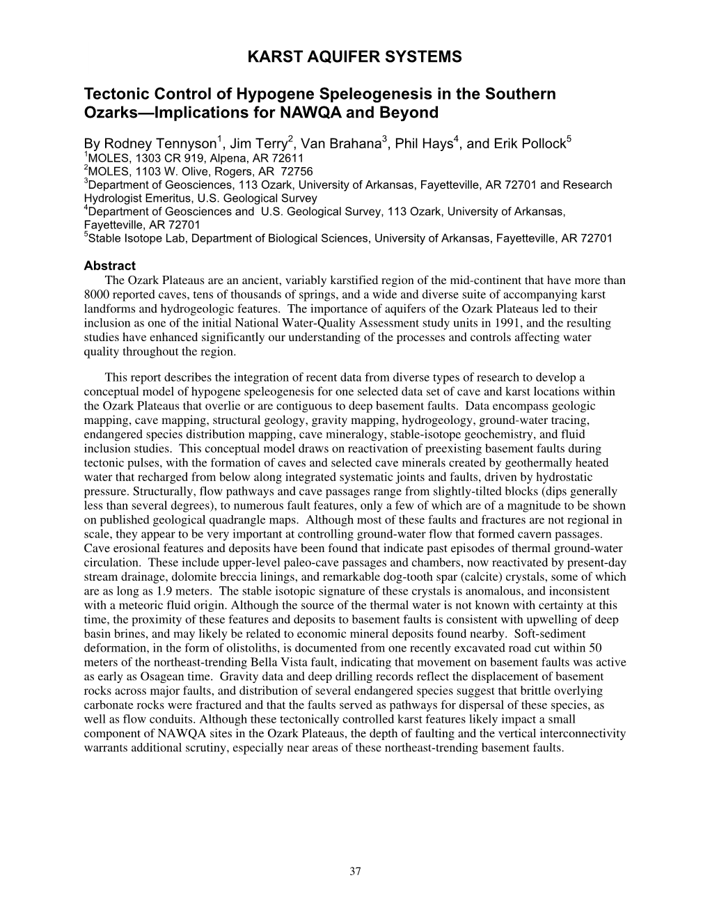 Tectonic Control of Hypogene Speleogenesis in the Southern Ozarks—Implications for NAWQA and Beyond KARST AQUIFER SYSTEMS