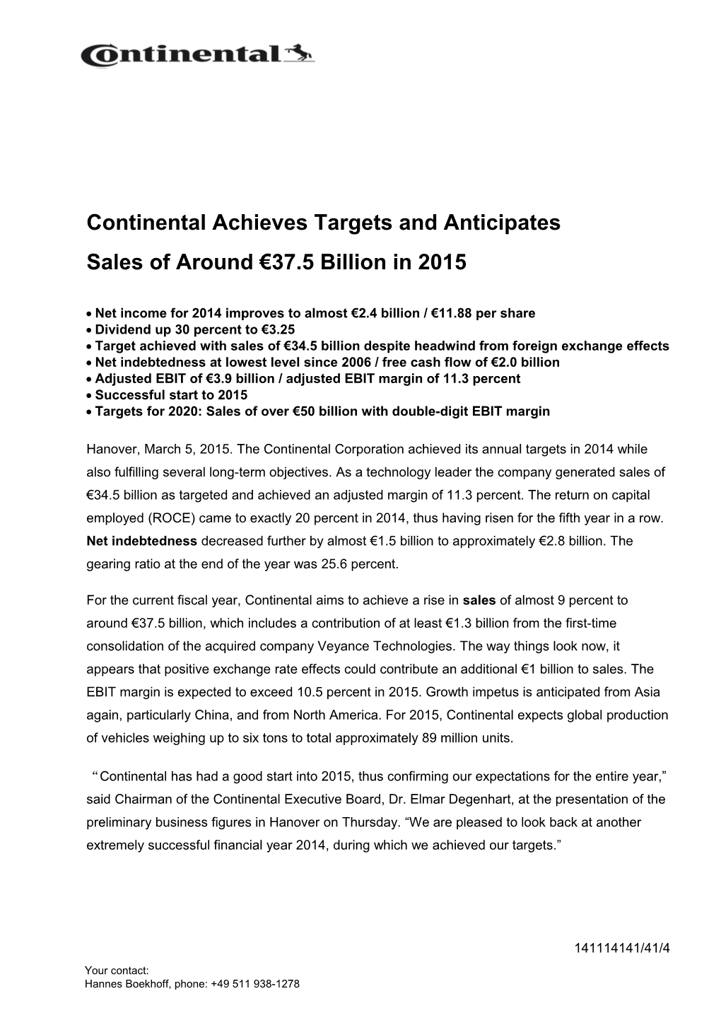 PR Continental Fiscal Year 2014 20150305 En Fin