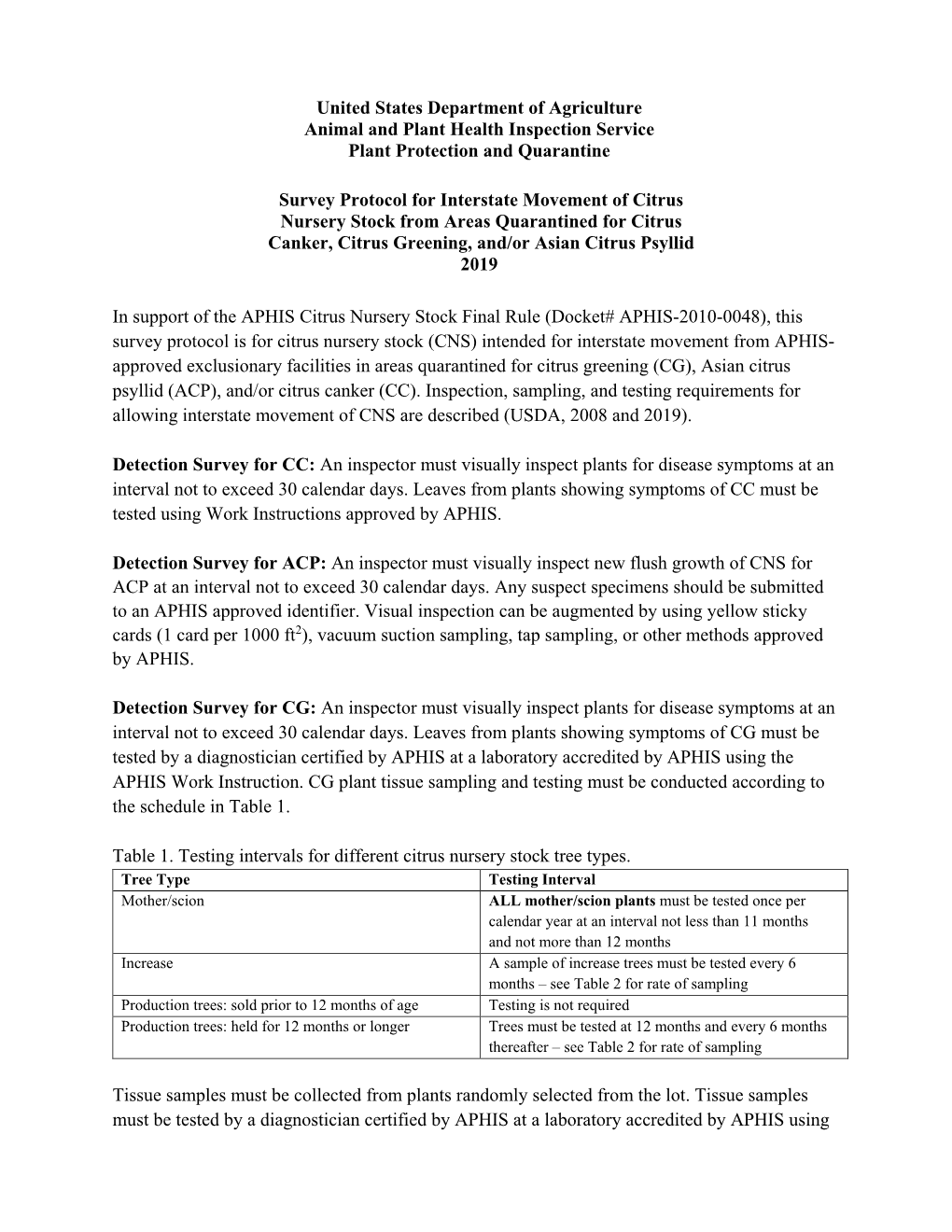 Survey Protocol for Citrus Nursery Stock Protocol