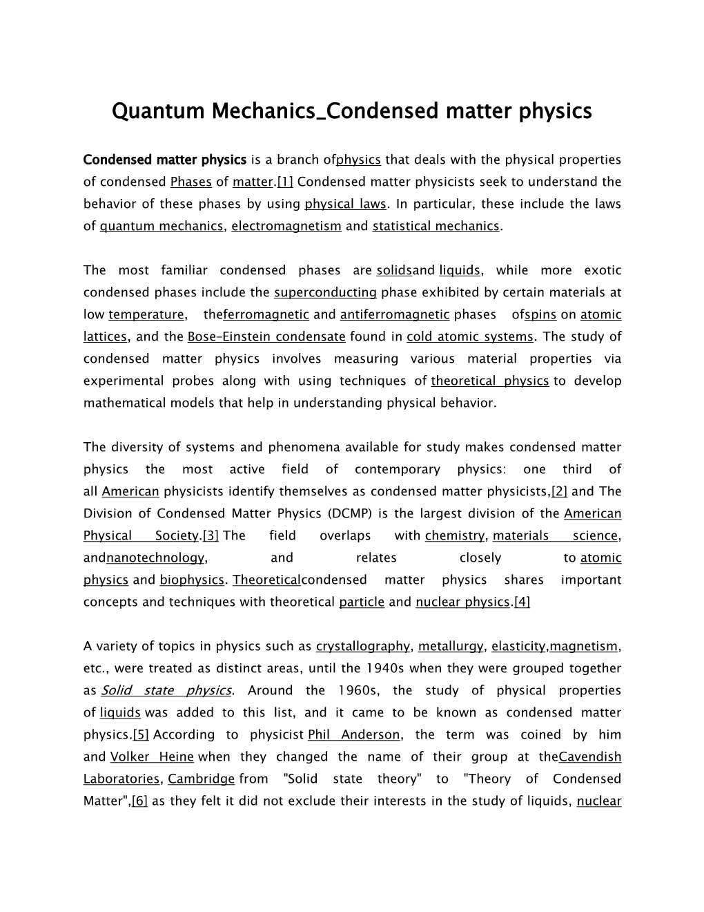 Quantum Mechanics Condensed Matter Physics